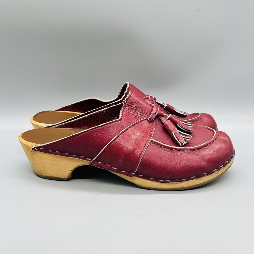 Vintage Swedish Clogs Womens 8.5 Red Leather Tassel Wooden Heel Boho Fall